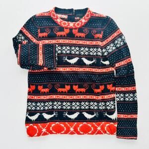 J. Crew Fair Isle Cat & Bird Crewneck Sweater Size XS Navy Orange Wool Fall